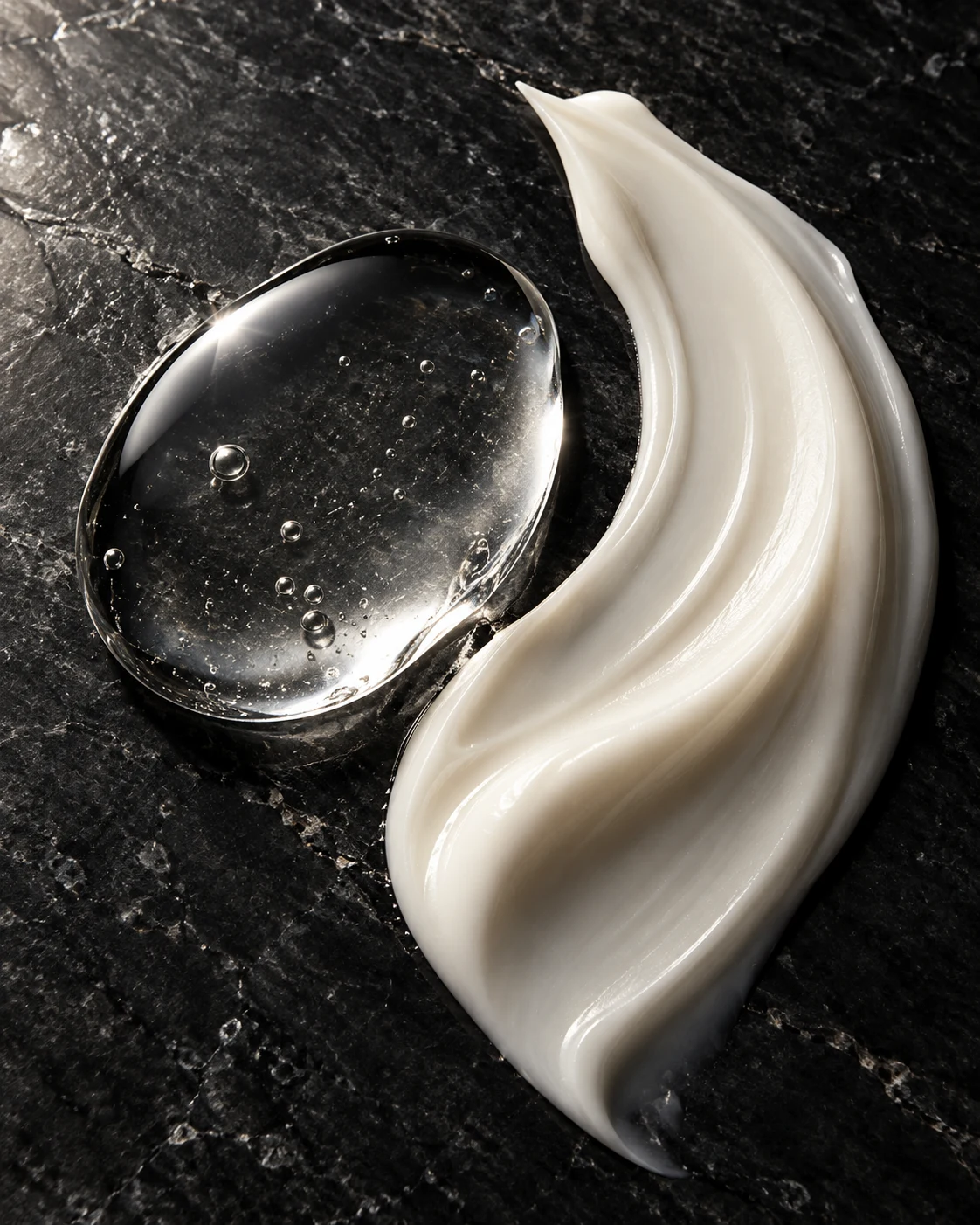 An editorial study of clear serum and a cream texture on dark stone